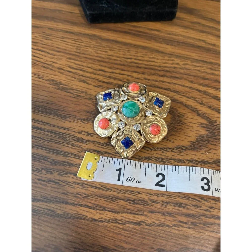 Vogue Jlry gold tone multi-colored cabochon and rhinestone brooch vintage